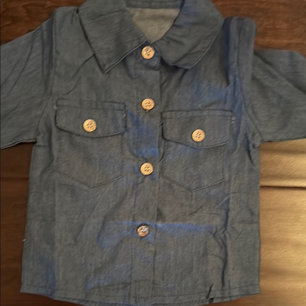NWOT Baby Girls Blue Jean Look Shirt with Long Sleeves with leopard skirt! - Picture 4 of 5